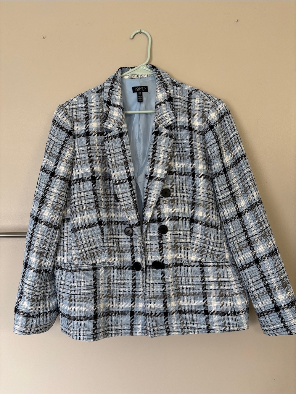 Jones New York Blue and Black Plaid Tweed Double-Breasted Blazer